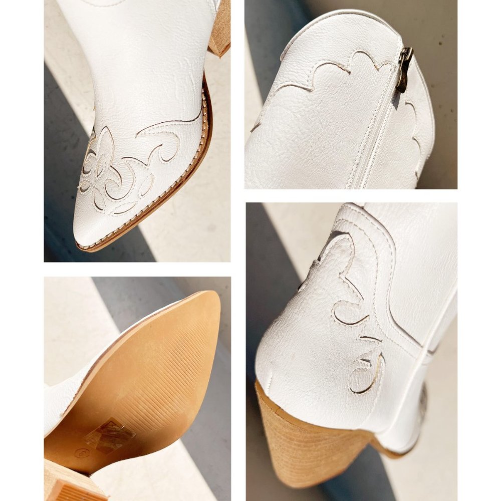 NEW White Western Cowgirl Cutout Applique Pointy Toe Block Heel Mid Calf Boots - Picture 8 of 12